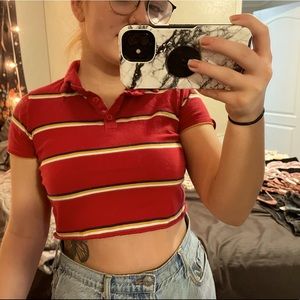 red with navy, gold & white strips, collard crop top